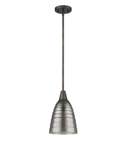HMS contemporary bronze hanging light with ribbed pebbled glass shade in warm white, suspended over a wooden dining