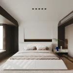 King size platform bed with velvet headboard and metal frame in a modern bedroom