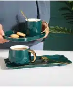 Ceramic Cup Dish Set Nordic Green Water Ware Coffee Cup Rectangular Tray Small Spoon Gift Box Home Bar Decoration Tea Cup