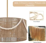 French Country Boho Chandelier, Rattan Hand Woven Drum Pendant Light with Wood Beads, Adjustable Coastal Pendant Lighting