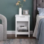 Modern 3-Tier Nightstand with Drawer and Open Shelves, White – close-up detail