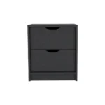 Two drawer nightstand with black wengue finish next to a bed