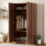 Scandinavian 2-door solid wood wardrobe with shelves and drawers in brown finish