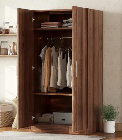 Scandinavian 2-door solid wood wardrobe with shelves and drawers in brown finish