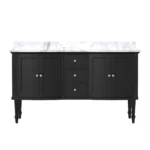 White plywood double sink vanity, 48 inch, fully assembled, placed in a bathroom with neutral decor.