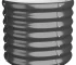 Large anthracite powder-coated steel garden planter on a patio floor, filled with lush green plants, side view showing