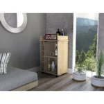 Brown wood rolling bar cart with wine storage and metal shelves