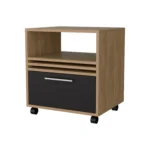 Natural oak nightstand with drawer and open shelf in a minimalist bedroom setting