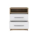 White and light oak nightstand with two drawers and stainless steel handles for bedroom storage