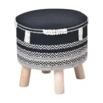 Goldoma 16-inch round chevron ottoman in black and white cotton upholstery with wooden legs