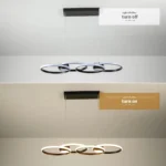 4-Ring LED Pendant Light in a cozy living room setting, with the remote control held by a hand, demonstrating dimming