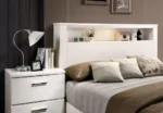 Contemporary white nightstand with high gloss lacquer finish and chrome handles