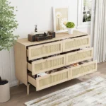 Modern European rattan dresser with six drawers and solid oak handles in a bedroom