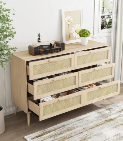 Modern European rattan dresser with six drawers and solid oak handles in a bedroom