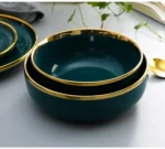 Green With Gold Inlay Quality Plates Full Set Luxury Steak Food Tray Ceramic Dinner Dish Salad Bowl Spoon Porcelain