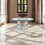 Round glass dining table 48 inch with stainless steel pedestal base in clear and silver finish
