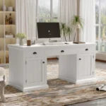 Oe Home 67" Modern Executive Desk with 2 Doors & 3 Drawers White Solid Wood+MDF for Home Office