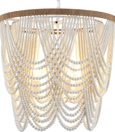 Boho Wood Beaded Chandelier, Farmhouse Pendant Light Large Coastal Chandelier for Living Room Dining Room Entryway UL Listed