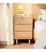 Mid-century solid walnut nightstand with drawer in bedroom setting