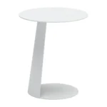 White aluminum outdoor side table with foldable legs and rounded granite finish placed on a patio