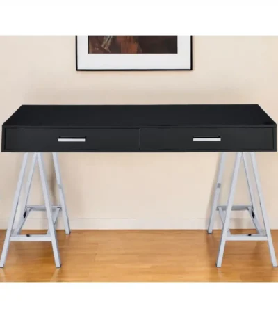 HMS 54" Black and Silver Simple Modern Design Writing Desk with Two Wooden Drawers for Home Office or Computer Table