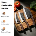 Sharp chef knife set with three forged stainless steel knives and wooden handles on a cutting board