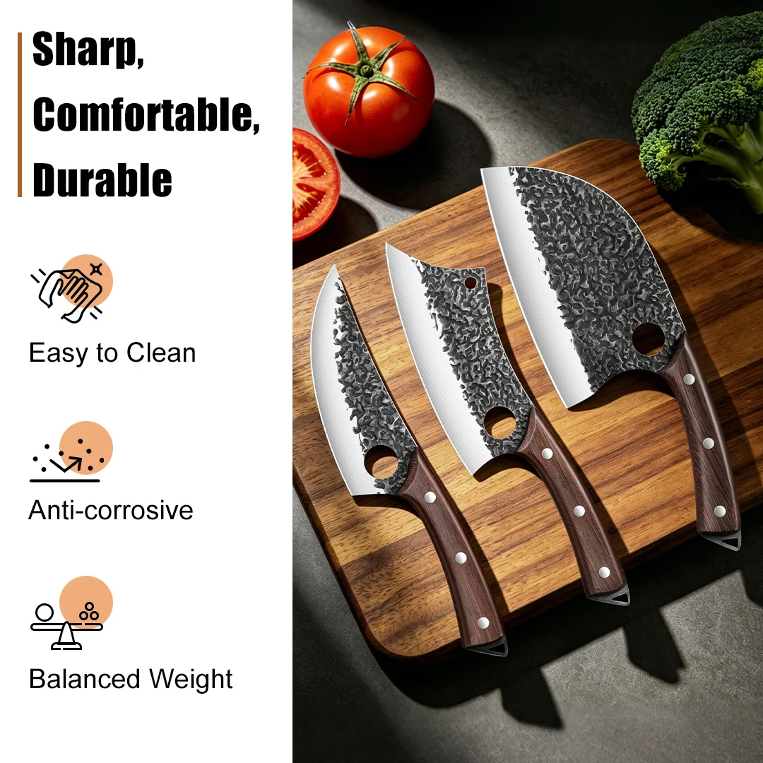 3 Pcs Forged Kitchen Cleaver Knife Set, sharp chef knife, Stainless Steel Meat Chopping Knives with Wooden Handle, Handmade