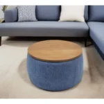 Goldoma 26" reversible tray top storage ottoman in blue and brown fabric with wood top