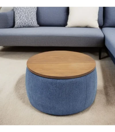 Goldoma 26" reversible tray top storage ottoman in blue and brown fabric with wood top