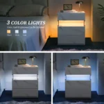 LED nightstand 3 drawer with white stone acrylic finish, featuring three storage drawers and ambient LED lighting.