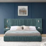 Goldoma King Size Upholstered Bed Frame with pleated headboard in chenille fabric and solid teak wood base