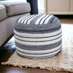 Blue striped cotton pouf ottoman by Goldoma – 18 inch round footrest and extra seat with solid wood frame