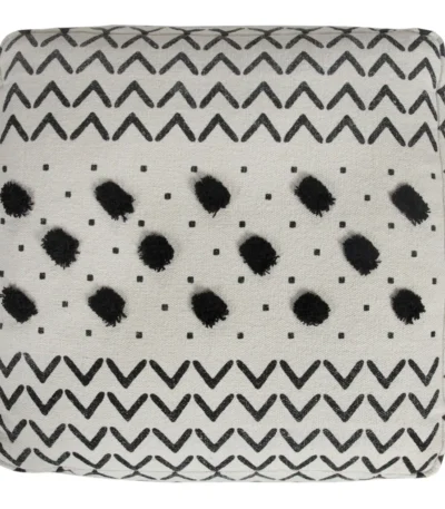 White cotton chevron pouf ottoman with storage in modern bedroom setting