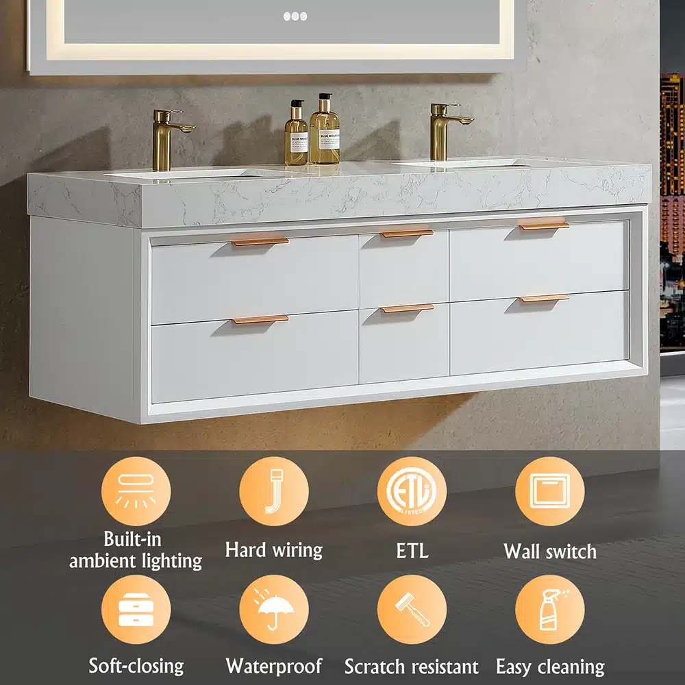Homein 60 Inch Modern White Fully Assembled Wall Mounted Bathroom Vanity with Double Sink and Engineered Stone Top