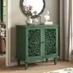 Vintage 2-Door Sideboard with Symmetrical Floral Design Hollow-Carved Mango Wood Accent Cabinet Rustic Style Adjustable