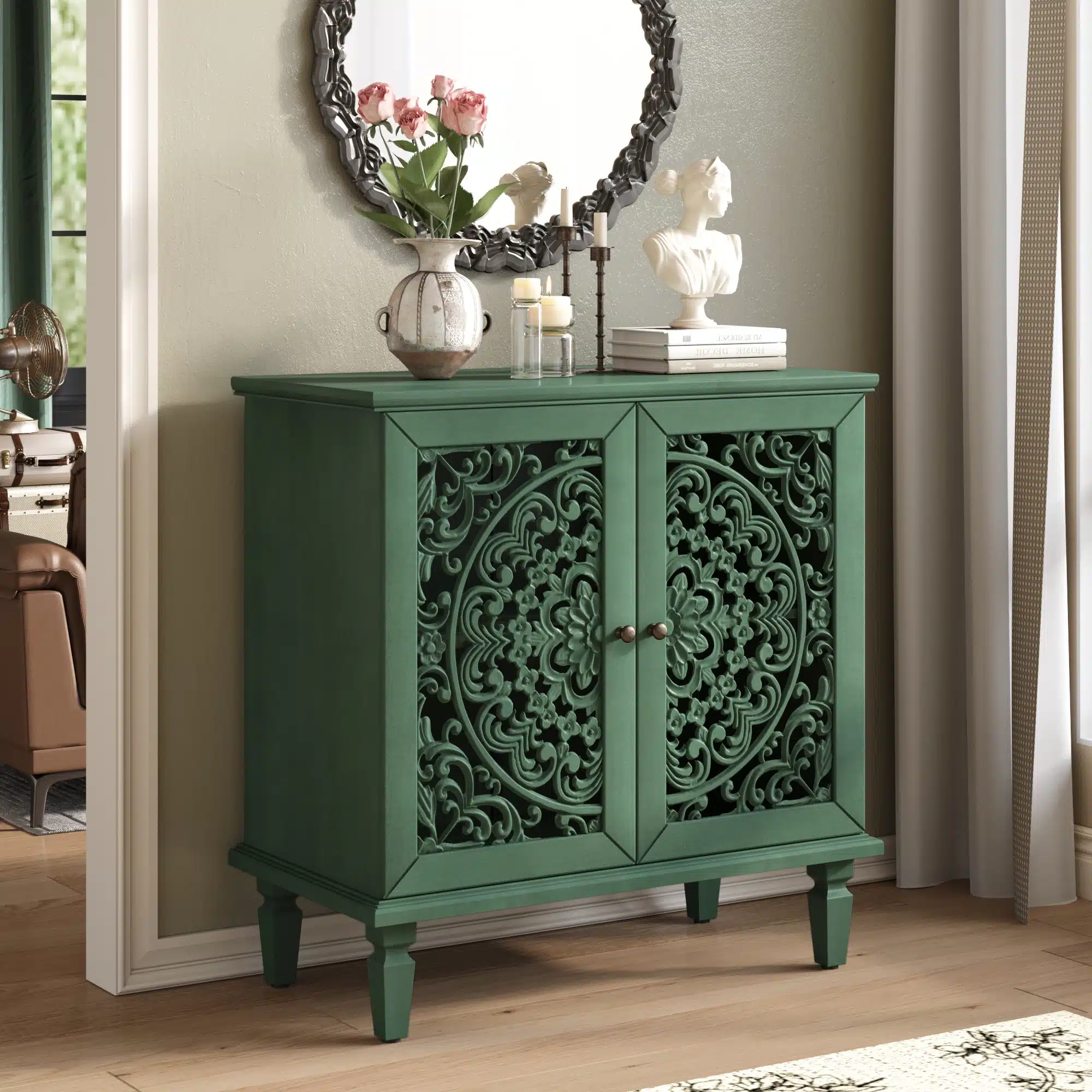 Vintage 2-Door Sideboard with Symmetrical Floral Design Hollow-Carved Mango Wood Accent Cabinet Rustic Style Adjustable Shelf