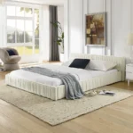 Modern upholstered queen bed frame with chenille fabric pleated headboard in neutral color - Goldoma queen bed frame