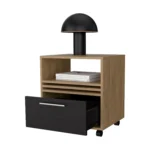 Natural oak nightstand with drawer and open shelf in a minimalist bedroom setting
