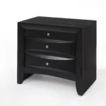 Black nightstand with two drawers and pull-out tray in modern bedroom setting - Goldoma furniture