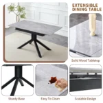 Modern square dining table for 4 with light gray painted MDF top and sturdy geometric metal legs