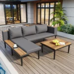 Luxury modern outdoor sofa set with acacia wood frame and removable waterproof cushions on a patio