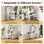 Modern Glass Computer Desk with 90 Degree Rotating Desktop Durable Office Desk with Storage Drawer Shelves and Cabinets