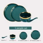 Green With Gold Inlay Quality Plates Full Set Luxury Steak Food Tray Ceramic Dinner Dish Salad Bowl Spoon Porcelain
