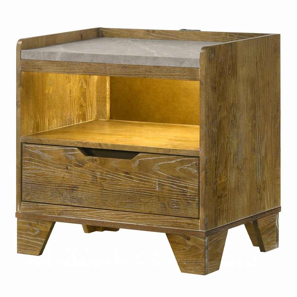 Transitional Brown Nightstand with LED Light and Drawer Shelf - 1-Piece Bedside Cabinet