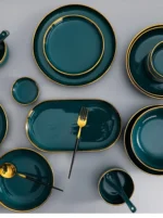 Green With Gold Inlay Quality Plates Full Set Luxury Steak Food Tray Ceramic Dinner Dish Salad Bowl Spoon Porcelain