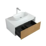 Wall-mounted bathroom vanity from the side, demonstrating its floating installation and compact 36-inch depth.