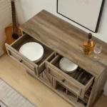 Farmhouse Wood Sideboard Buffet Cabinet with 2 Drawers & Wine Bar Removable Wine Racks Storage Shelves - Image 3