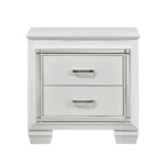 White nightstand with faux alligator textured drawer fronts, glossy finish, and stainless steel handles - Goldoma nightstand storage