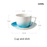 Nordic gradient blue ceramic dessert plates set with bowls and cups on a wooden table