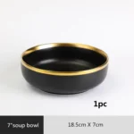 Gilt Rim Black Porcelain Dinner Plates Kitchen Dishes Ceramics Tableware Food Tray Rice Salad Noodles Bowl Cutlery Set